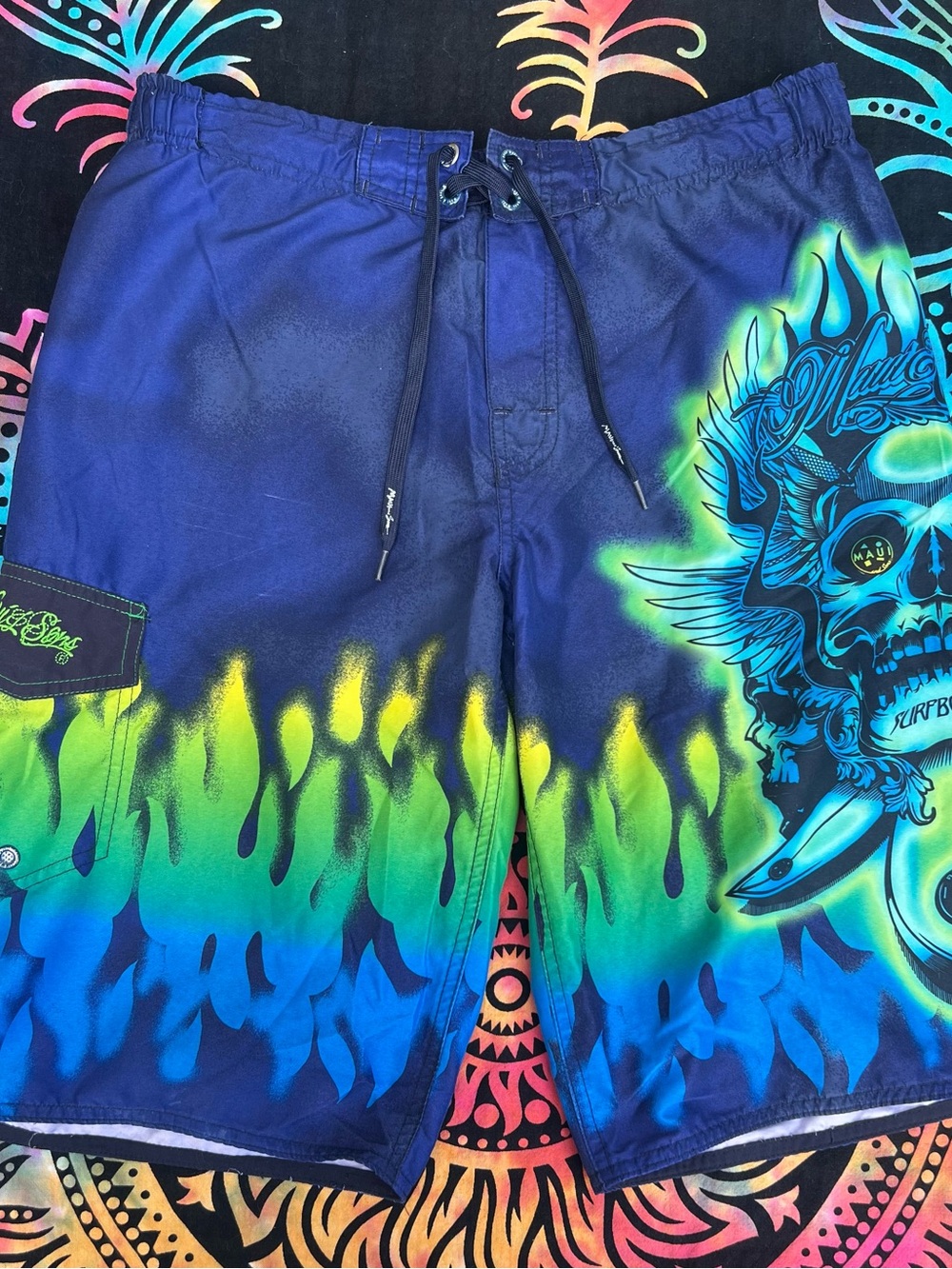 Maui and Sons Blue with Neon Green & Yellow Flame Skull Board Shorts
